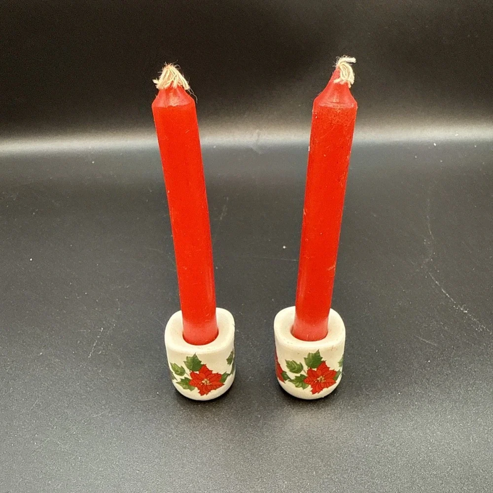 2 Vtg Taper‎ Candle Holders Miniature Poinsettias Funny Design W Germany - Picture 4 of 7
